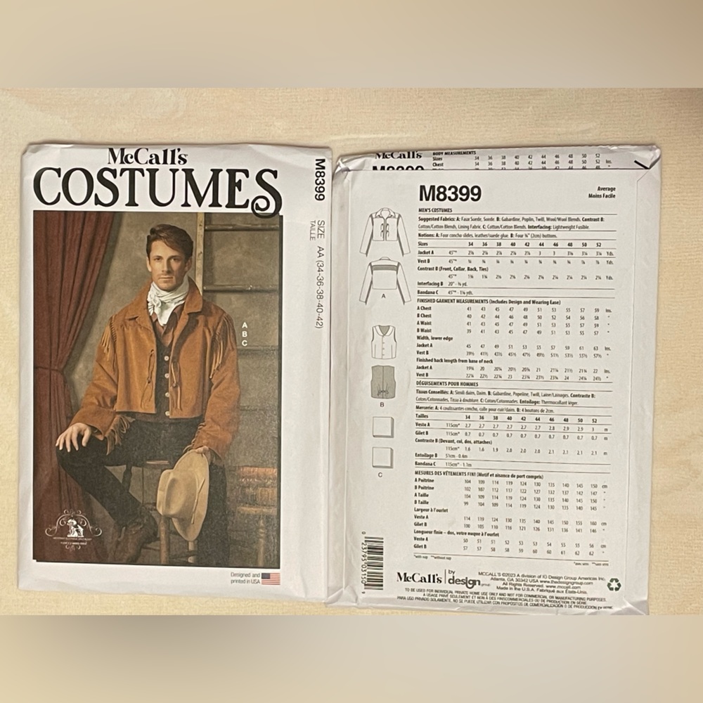 McCall’s pattern men’s costume jacket & vest pattern M8399 Sz 34 to 42 NEW Uncut - Picture 6 of 8